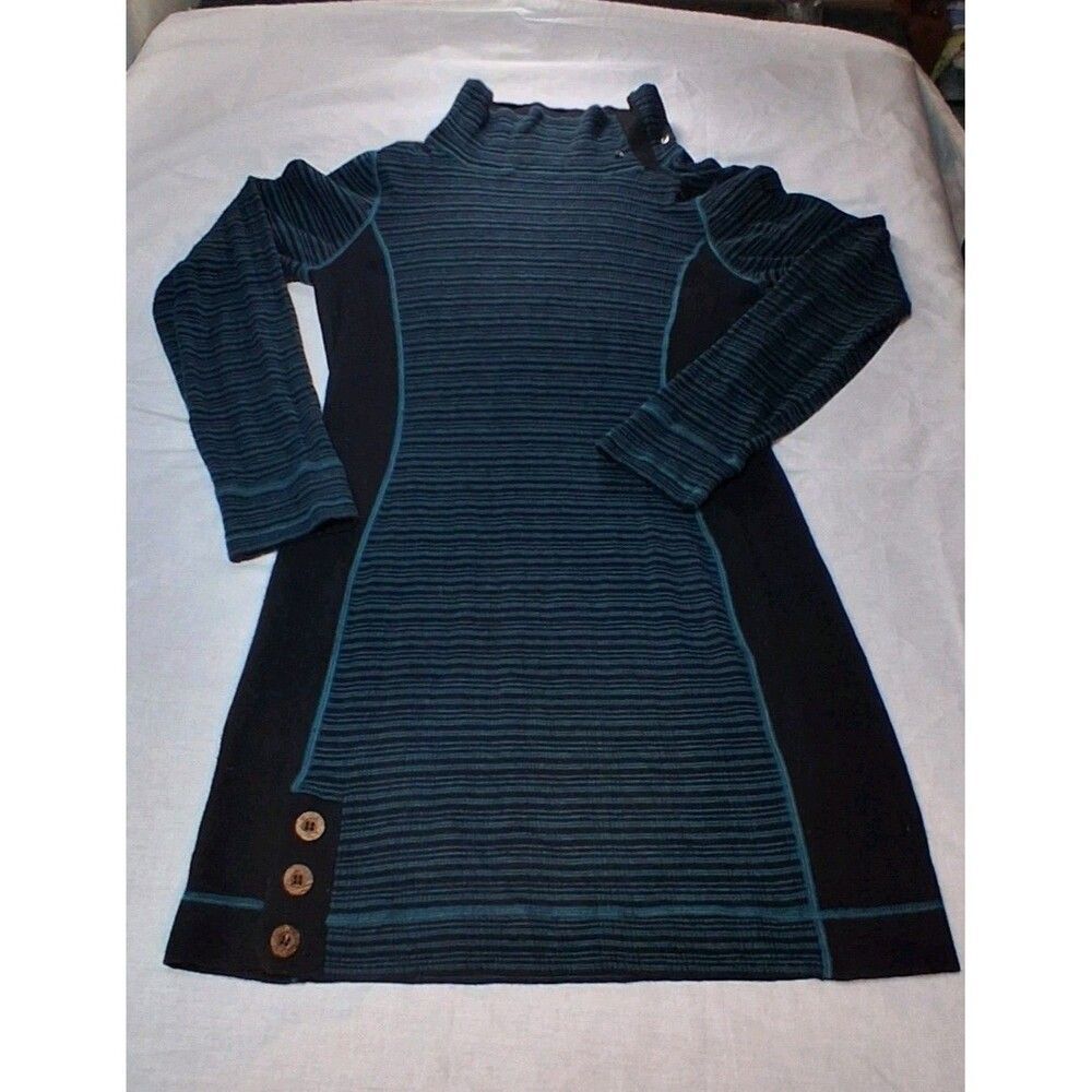 Prana Black Teal Striped Ribbed Funnel Neck Long Sleeve Sweater Dress Gorpcore